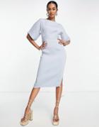 Closet London Ribbed Pencil Midi Dress With Tie Belt In Powder Blue