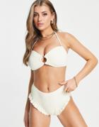 Ivory Rose Mix And Match High Waist Frill Bikini Bottom In Cream Scrunch-white