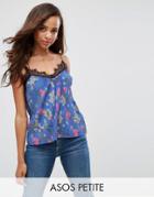 Asos Petite Cami With Lace Trim In Bird Print - Multi