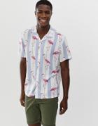 Brave Soul Flamingo Stripe Shirt With Revere Collar - White