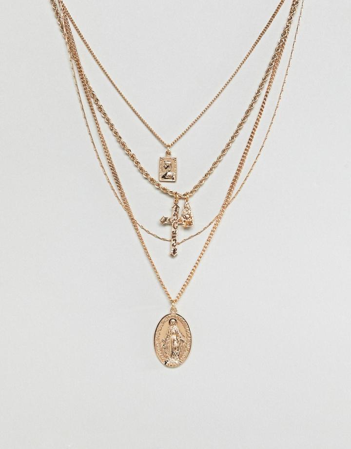 Asos Design Multirow Necklace With Vintage Style Icon And Cross Pendants In Gold - Gold