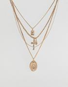 Asos Design Multirow Necklace With Vintage Style Icon And Cross Pendants In Gold - Gold