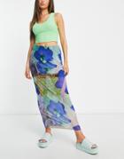 Monki Mesh Midi Skirt In Blue Floral Print