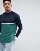 Asos Design Relaxed Longline Long Sleeve T-shirt With Contrast Yoke And Curve Hem - Green