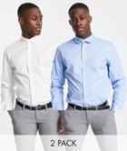 Selected Homme Organic Cotton Blend Slim Fit 2 Pack Shirts In White & Blue-multi