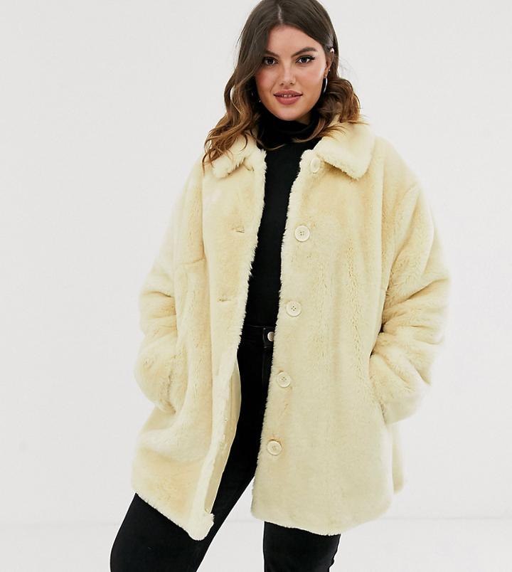 Asos Design Curve Faux Fur Button Through Coat In Cream - Cream
