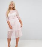 Asos Curve Ruched Midi Dress In Spot Mesh - Pink