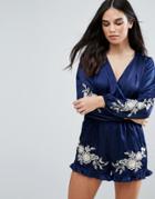 Love & Other Things Long Sleeve Romper With Floral Border - Blue