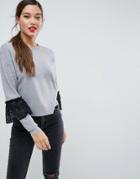 Asos Boxy Sweater With Lace Pearl Sleeve - Gray