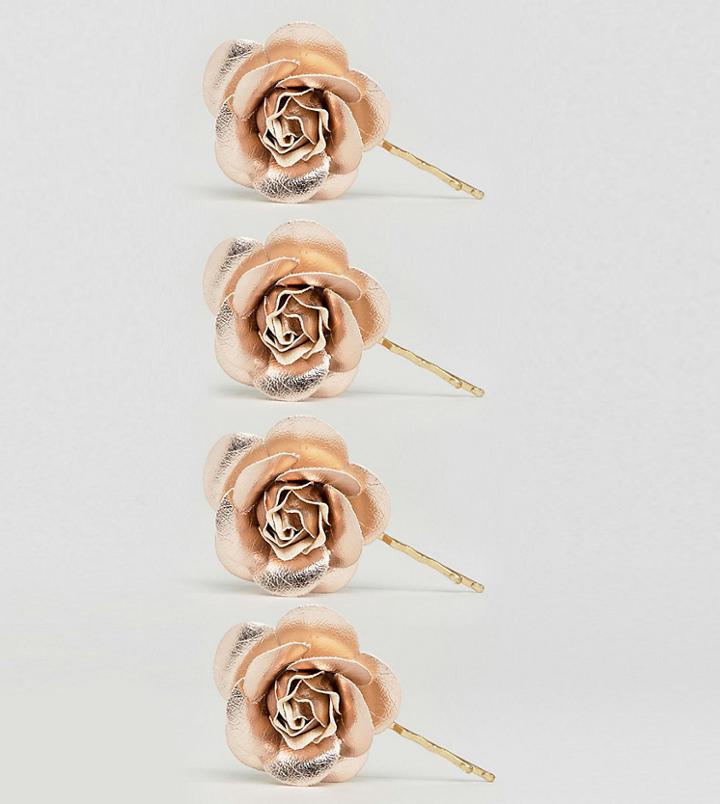 Asos Pack Of 4 Rose Gold Faux Leather Hair Clips - Copper