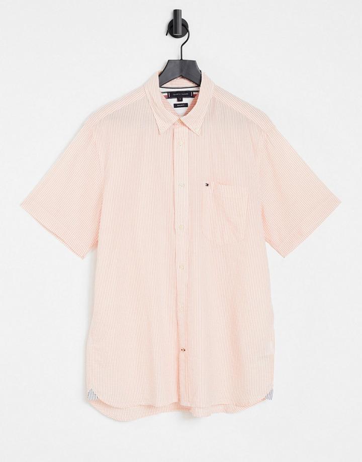 Tommy Hilfiger Short Sleeve Classic Icon Logo Seersucker Stripe Shirt In Summer Sunset/white-pink