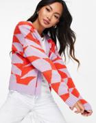 Asos Design Boxy Cardigan In Wavy Check In Lilac-purple