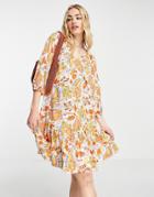Vila Mini Smock Dress In White And Orange Paisley Print-multi