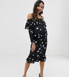 Asos Design Maternity Pephem Detail Off Shoulder Midi Dress In Spot Detail - Multi