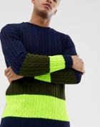 Asos Design Oversized Cable Knit Sweater With Neon Panel-multi