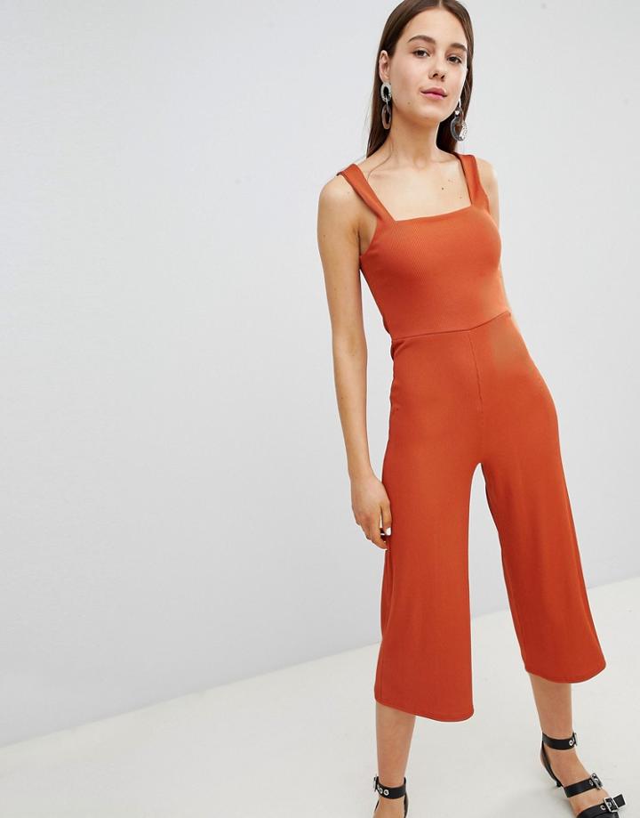 New Look Square Neck Rib Culotte Jumpsuit - Orange