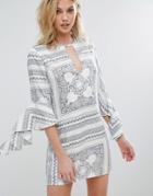 Missguided Scarf Print Frill Sleeve Dress - White