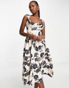 Asos Design Cowl Neck Midi Skater Dress In Black And Beige Floral Print-multi