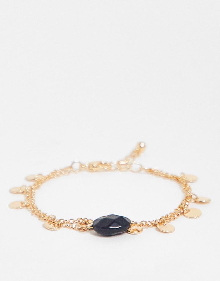 Asos Design Multirow Bracelet With Semi Precious Stone And Disk Chain In Gold Tone
