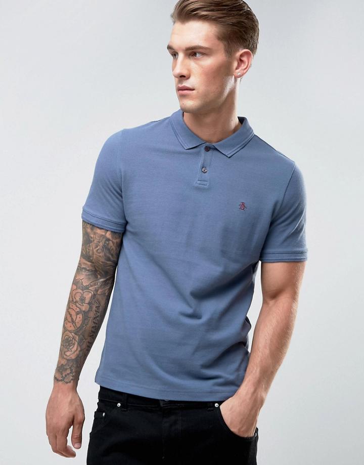 Original Penguin Winston Polo Pique Small Logo Slim Fit In Dark Blue - Blue