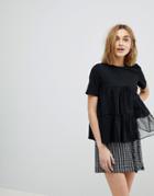 Lost Ink Relaxed T-shirt With Woven Chiffon Panels - Black