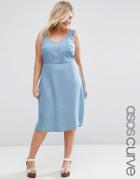 Asos Curve Denim Waisted Midi Dress With Frill Sleeves - Denim Blue