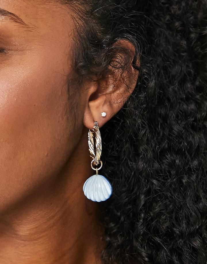 Topshop Blue Shell Drop Hoop Earrings In Gold
