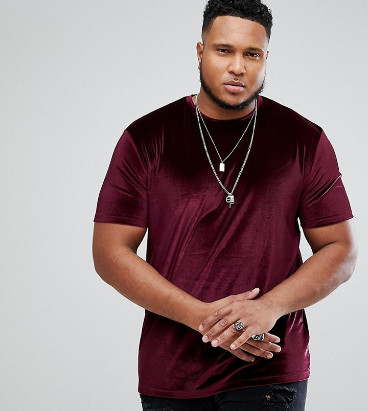 Asos Plus Relaxed Longline T-shirt In Oxblood Velour - Red