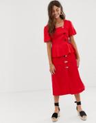 Moon River Midi Skirt With Button Detail - Red