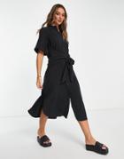 Topshop Plisse Midi Tie Front Shirt Dress In Black