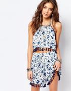 Kiss The Sky Festival Crop Top With Pom Hem In Floral Print - Multi