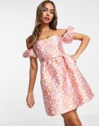 Miss Selfridge Jacquard Bardot Mini Dress In Pink Floral