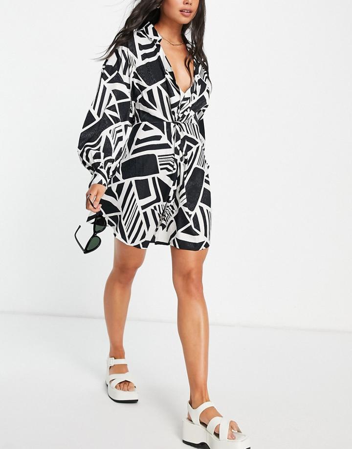 Asos Design Twist Jacquard Beach Dress In Mono Print-multi