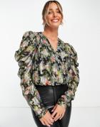 River Island Draped Metallic Floral 80's Blouse In Black