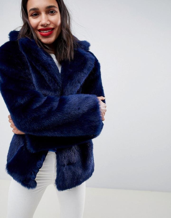 Asos Design Faux Fur Coat With Collar Detail - Navy