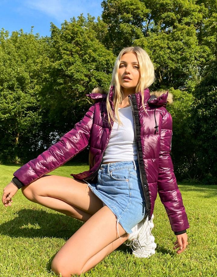 Superdry Toya High Shine Padded Bomber Coat In Purple