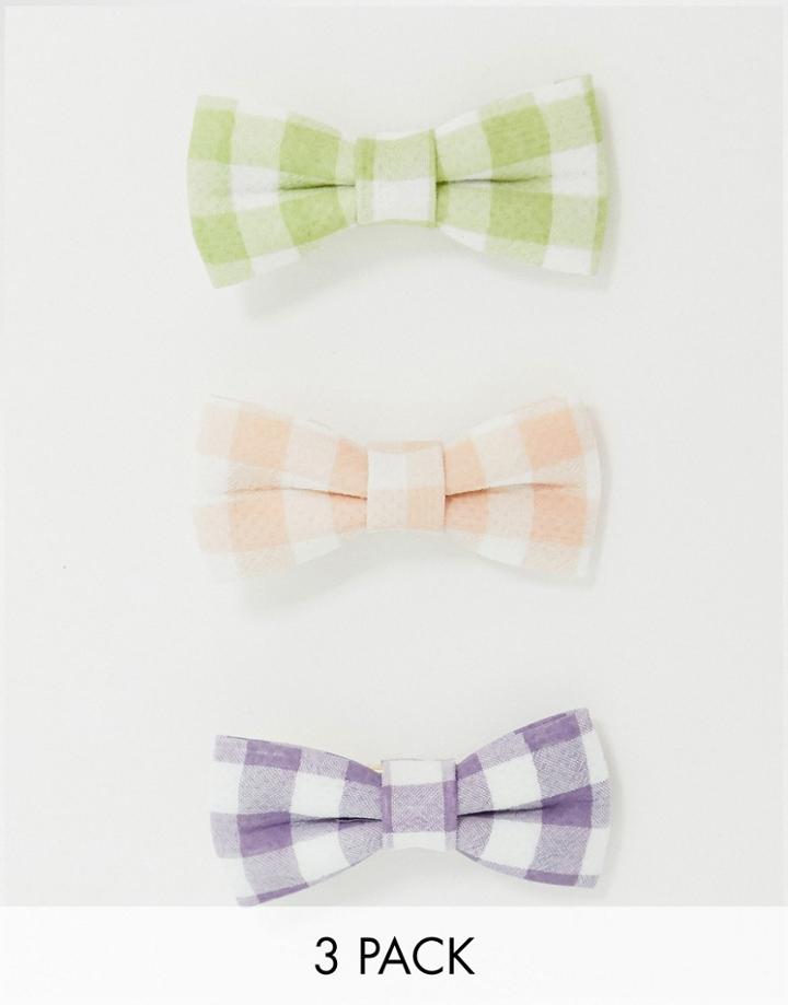 Asos Design Pack Of 3 Bow Hair Clips In Gingham Prints-multi