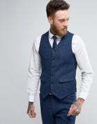 Asos Wedding Slim Suit Vest In Harris Tweed Check In 100% Wool - Blue