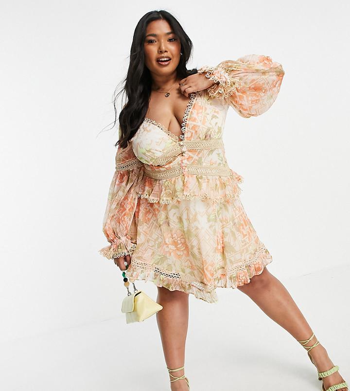 Asos Design Curve Lace Insert Mini Dress With Button Detail In Garden Floral-multi
