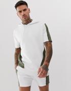 Asos Design Tracksuit Hoodie/skinny Shorts In Shorter Length With Color Blocking In White And Khaki - Gray