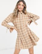 Asos Design Mini Shirt Dress With Tie Sleeves And Pleat Skater Skirt In Check-multi