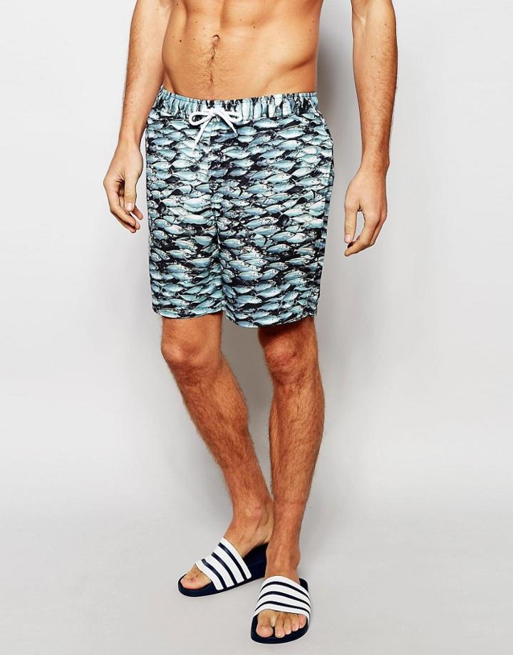 Asos Mid Length Swim Shorts With Fish Print - Blue