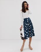 Asos Design Midi Skirt With Box Pleats In Navy Floral Print - Multi