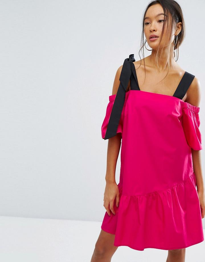 Asos Pep Hem Cotton Cold Shoulder Dress - Pink