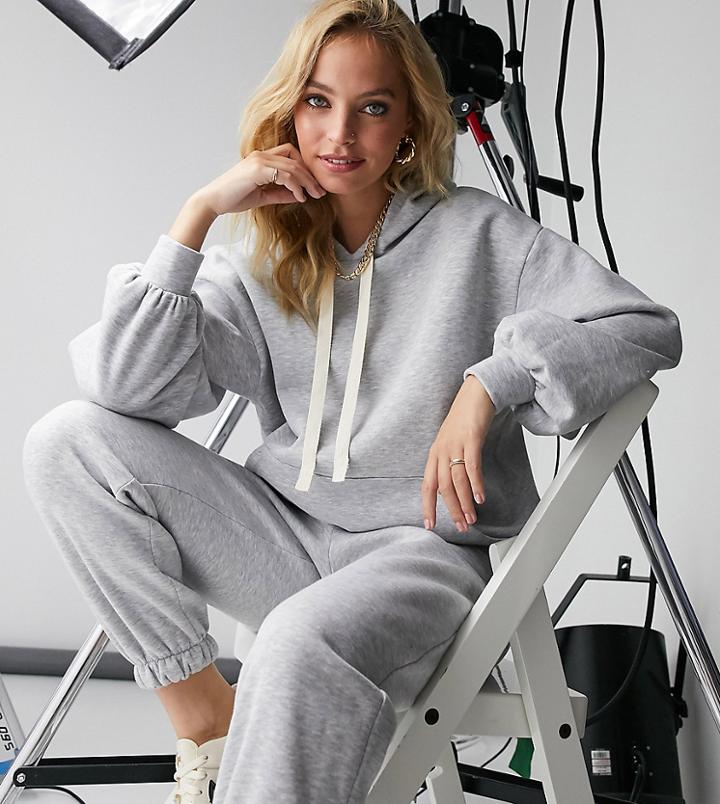 Asos Design Petite Tracksuit Oversized Hoodie With Contrast Ties / Oversized Sweatpants In Gray Marl-grey