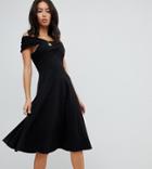 Asos Design Tall Midi Skater Dress With Bardot Neckline-black
