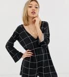 Asos Design Petite Swing Romper With Fluted Sleeve In Check Print-multi