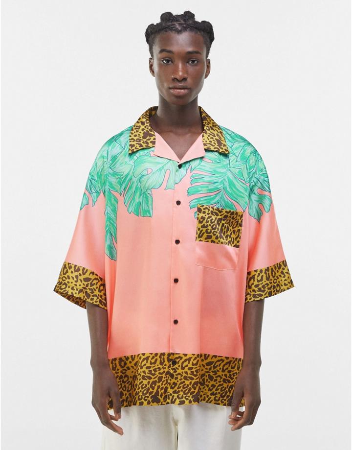 Bershka Oversized Printed Shirt With Paradise Back Print In Pink