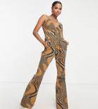 Asos Design Petite Twill Lace Up Front Jumpsuit In Swirl Print-multi