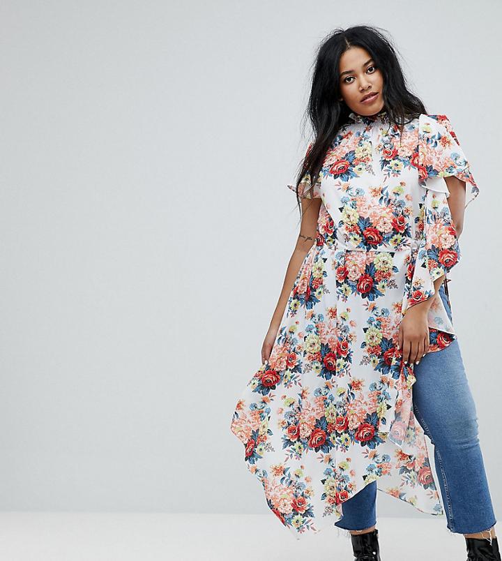Asos Curve Asymmetric Longline Top In Floral Print - Multi